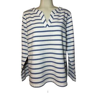J Jill Womens Stripe Top Size Large Stretch Cotton Spandex White Blue Split Neck